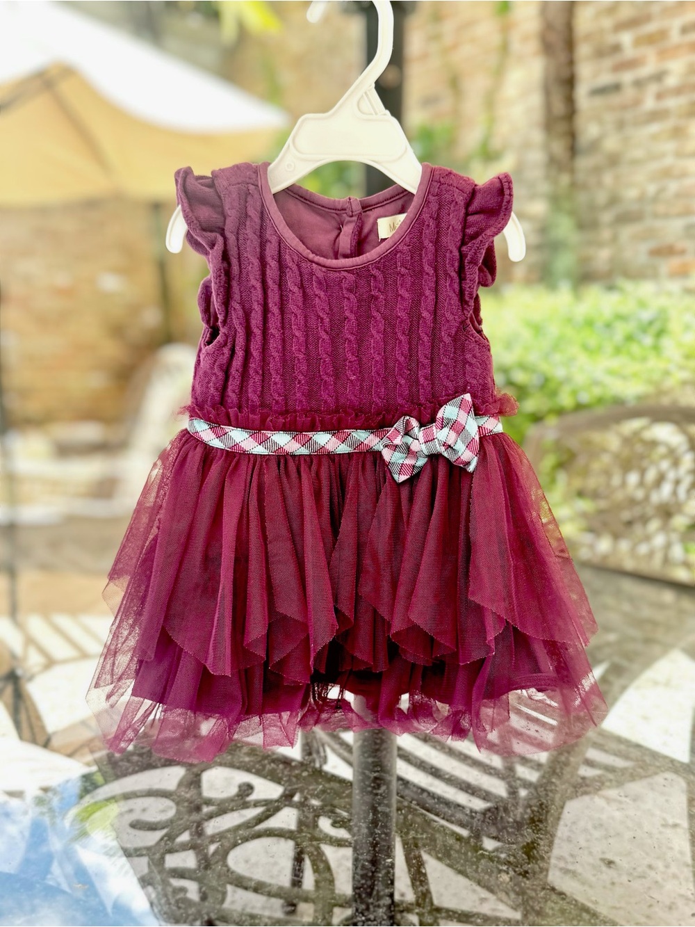 Matilda Jane Plum Knit Tulle Dress with Plaid Bow, 6-12M